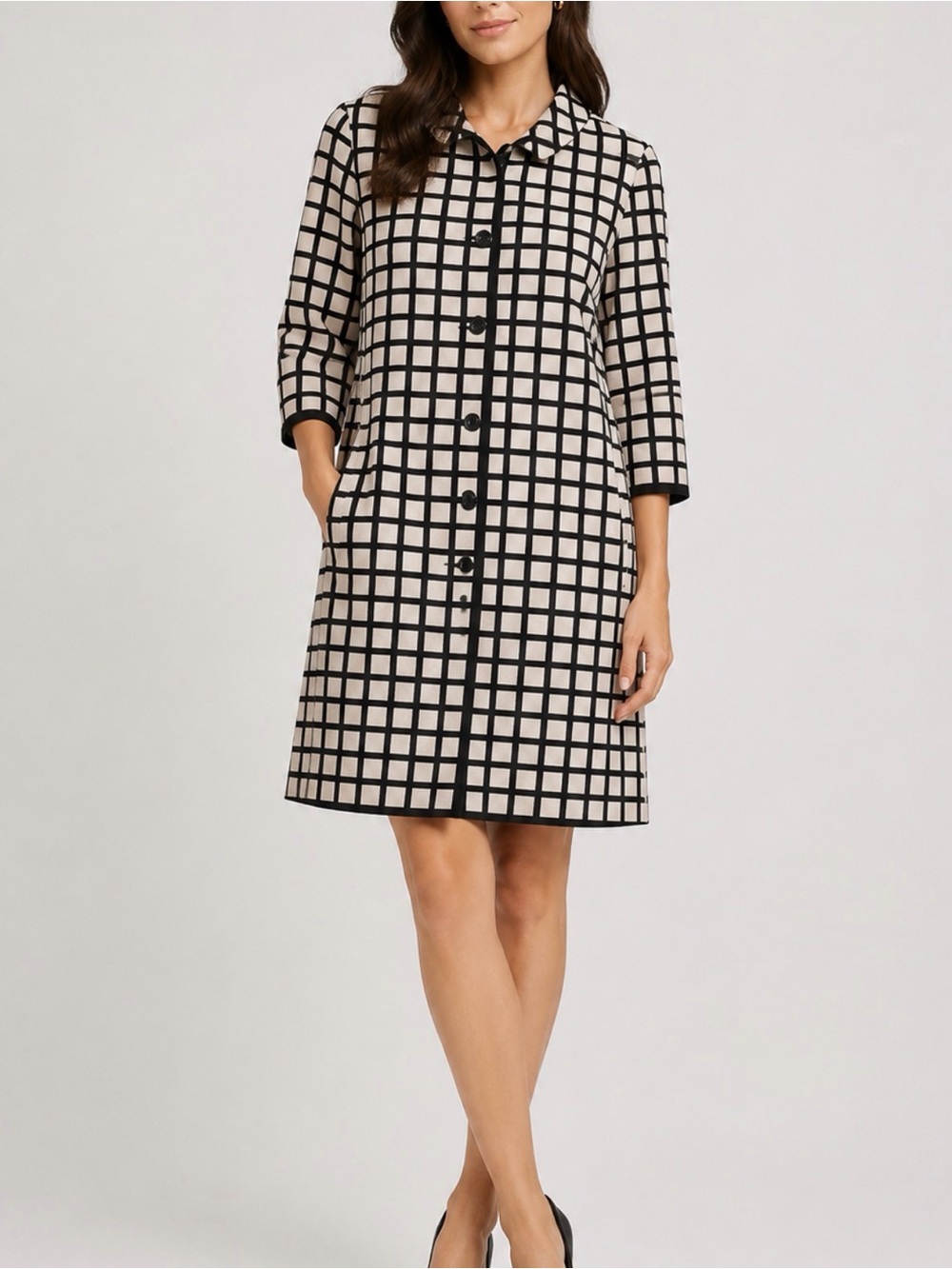 Ann Taylor Black Cream Jacquard Topper Jacket Knee Length Career Collar Button L